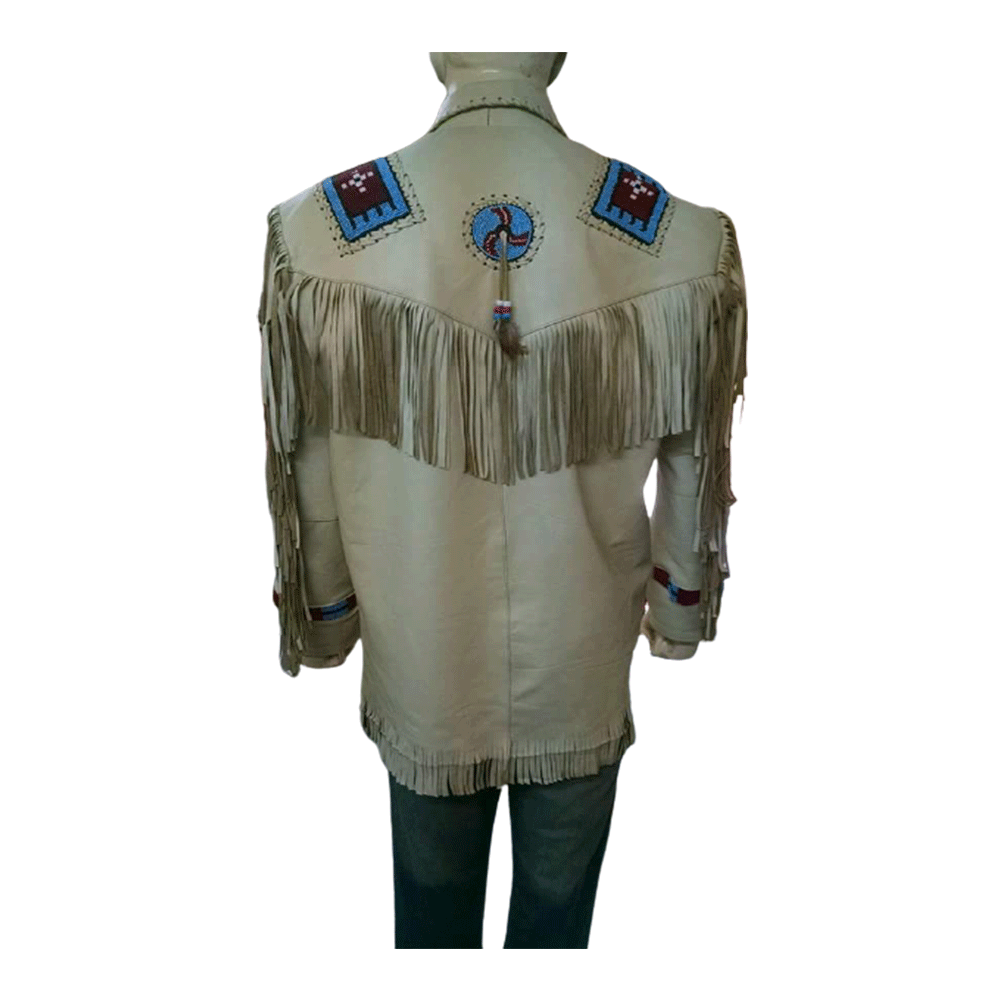 Beige Leather Native Beaded Fringe Jacket for Cowboy Mens NSJ128