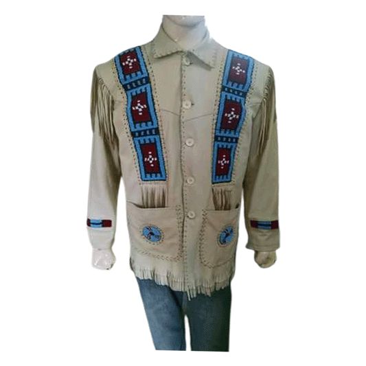 Beige Leather Native Beaded Fringe Jacket for Cowboy Mens NSJ128