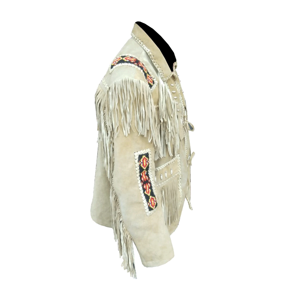 Beige Suede Native Beaded Jacket for Mens NSJ103