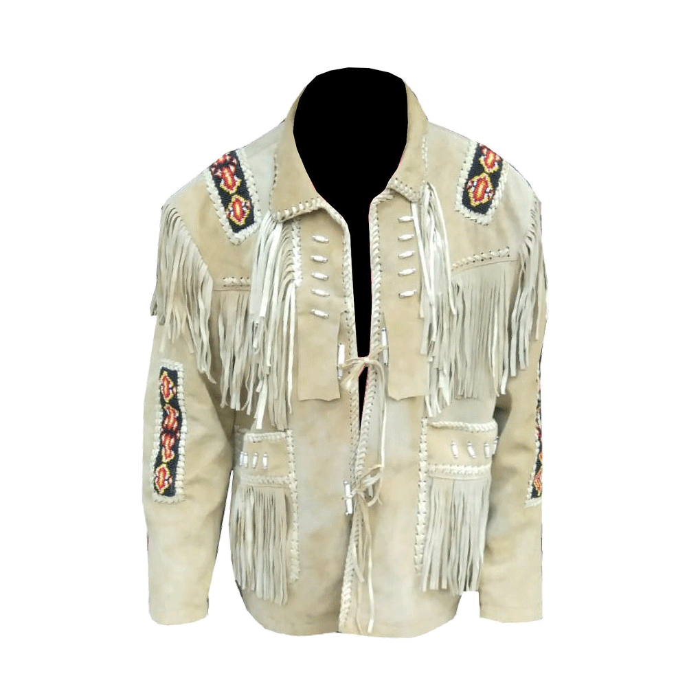Beige Suede Native Beaded Jacket for Mens NSJ103