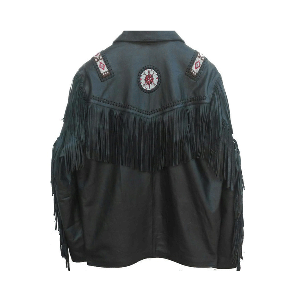 Black Leather Native Beaded Fringe Jacket for Mens NSJ306