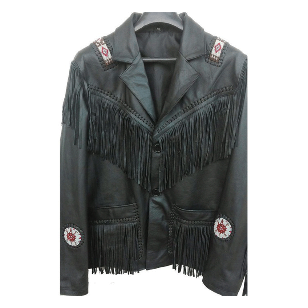 Black Leather Native Beaded Fringe Jacket for Mens NSJ306