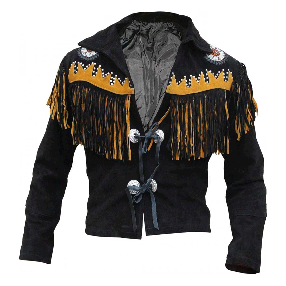 Black Suede Leather Native Beaded Fringe Jacket for Mens NSJ317