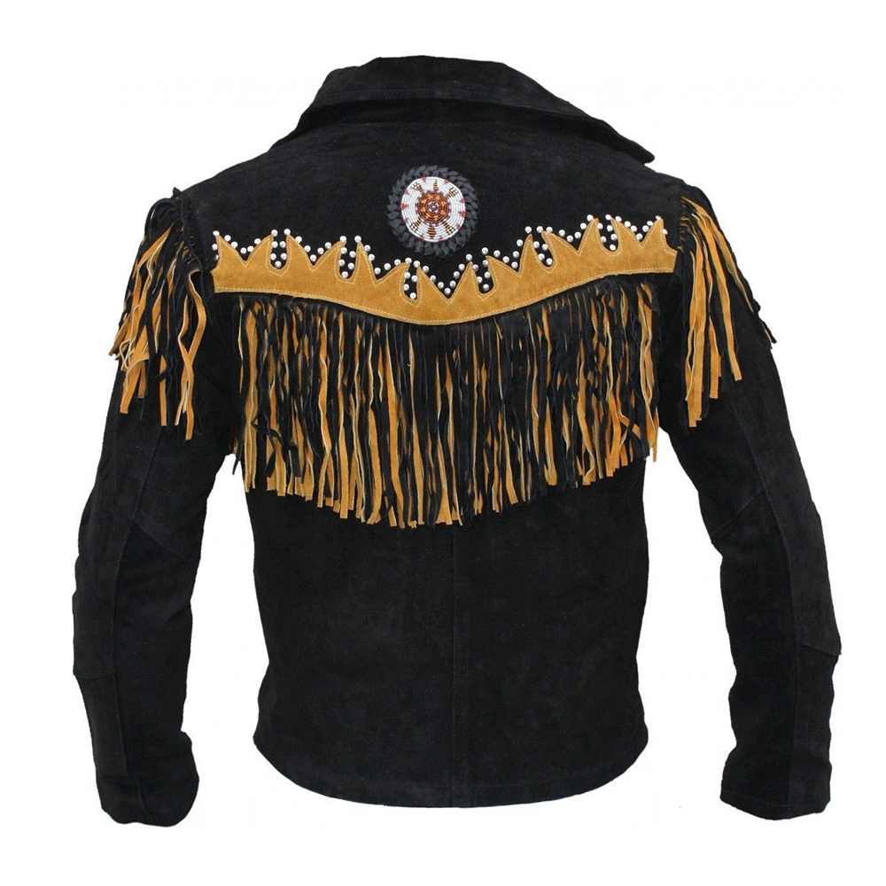 Black Suede Leather Native Beaded Fringe Jacket for Mens NSJ317