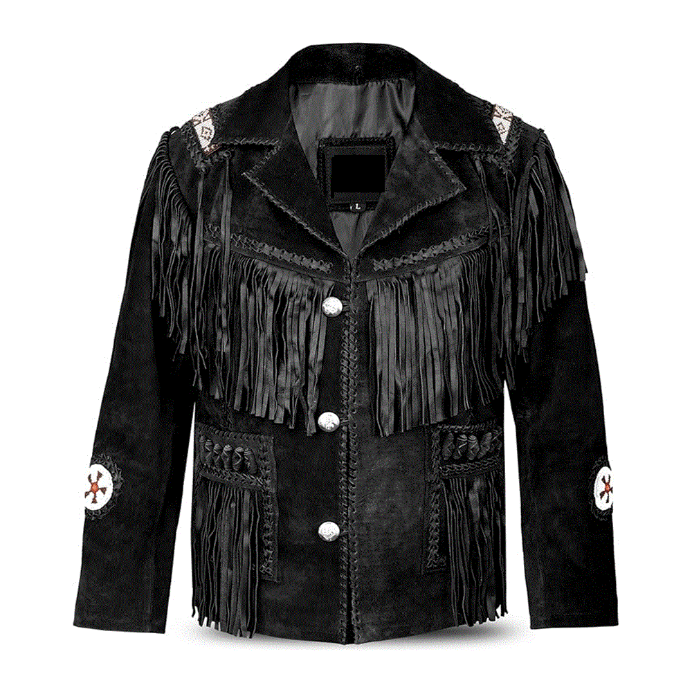 Black Suede Leather Native Beaded Fringe Jacket for Mens NSJ316
