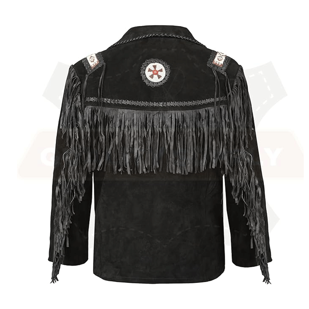 Black Suede Leather Native Beaded Fringe Jacket for Mens NSJ316