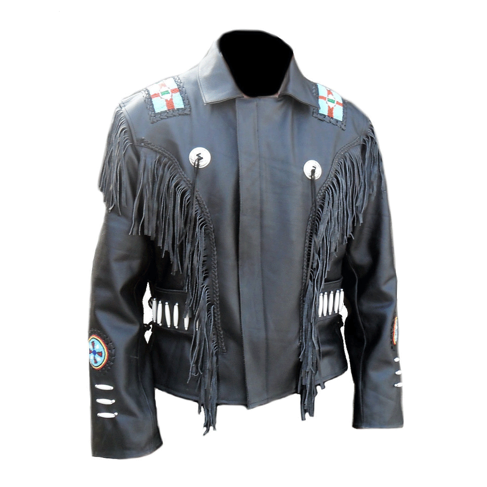 Black Leather Native Beaded Fringe Jacket for Cowboy Mens NSJ310