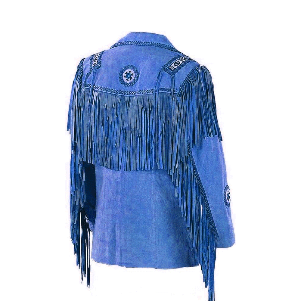 Blue Suede Leather Native Beaded Fringe Jacket for Mens NSJ501