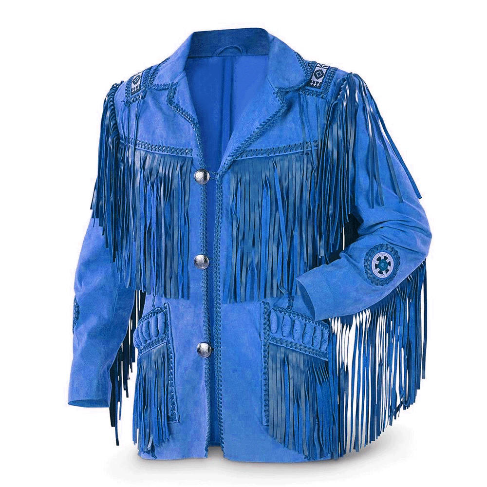 Blue Suede Leather Native Beaded Fringe Jacket for Mens NSJ501