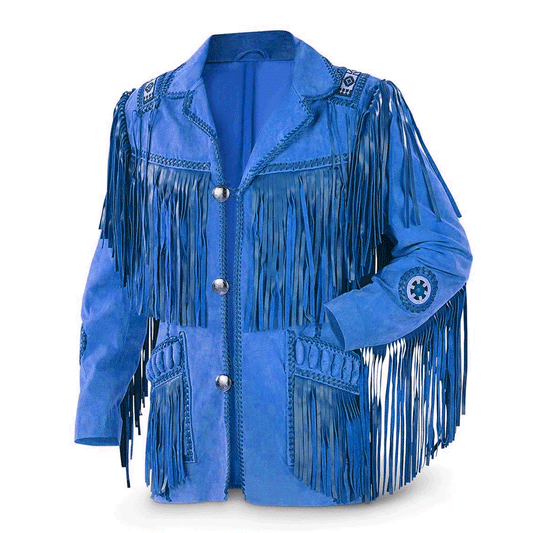 Blue Suede Leather Native Beaded Fringe Jacket for Mens NSJ501
