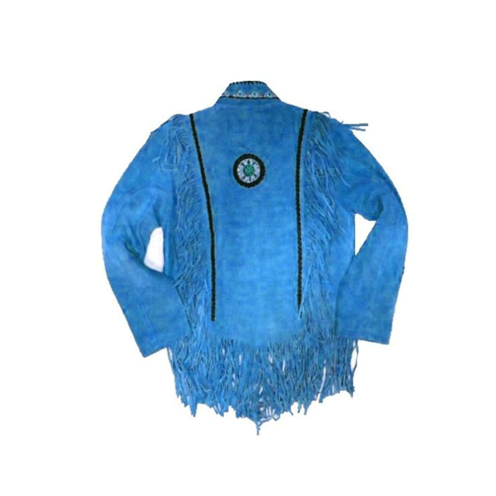 Blue Suede Leather Native Beaded Fringe Jacket for Mens NSJ507