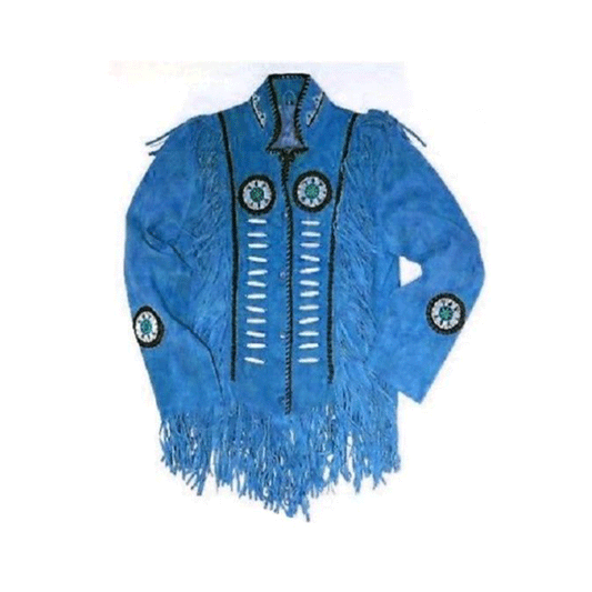 Blue Suede Leather Native Beaded Fringe Jacket for Mens NSJ507