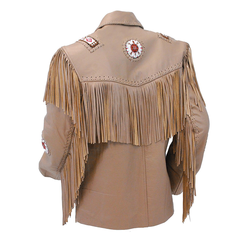 Beige Leather Native Beaded Fringe Jacket for Mens NSJ126