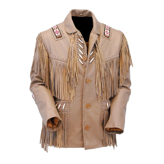 Beige Leather Native Beaded Fringe Jacket for Mens NSJ126