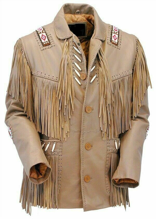 Brown Leather Native Beaded Fringe Jacket for Mens NSJ421