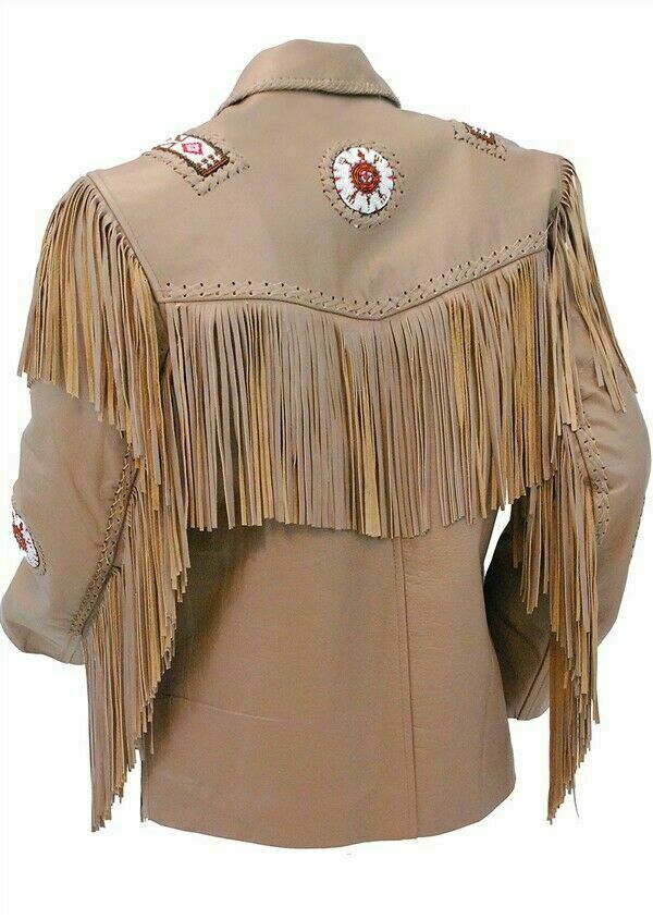 Brown Leather Native Beaded Fringe Jacket for Mens NSJ421