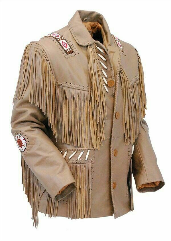 Brown Leather Native Beaded Fringe Jacket for Mens NSJ421