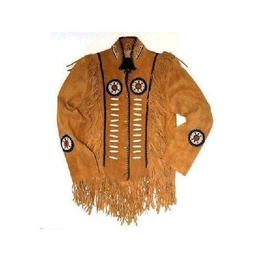 Brown Suede Leather Native Beaded Fringe Jacket for Mens NSJ401