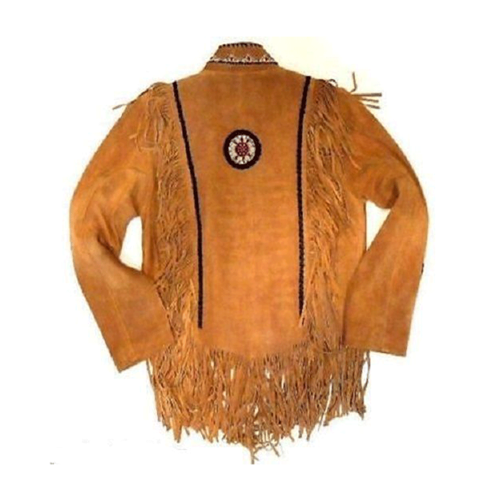 Brown Suede Leather Native Beaded Fringe Jacket for Mens NSJ401