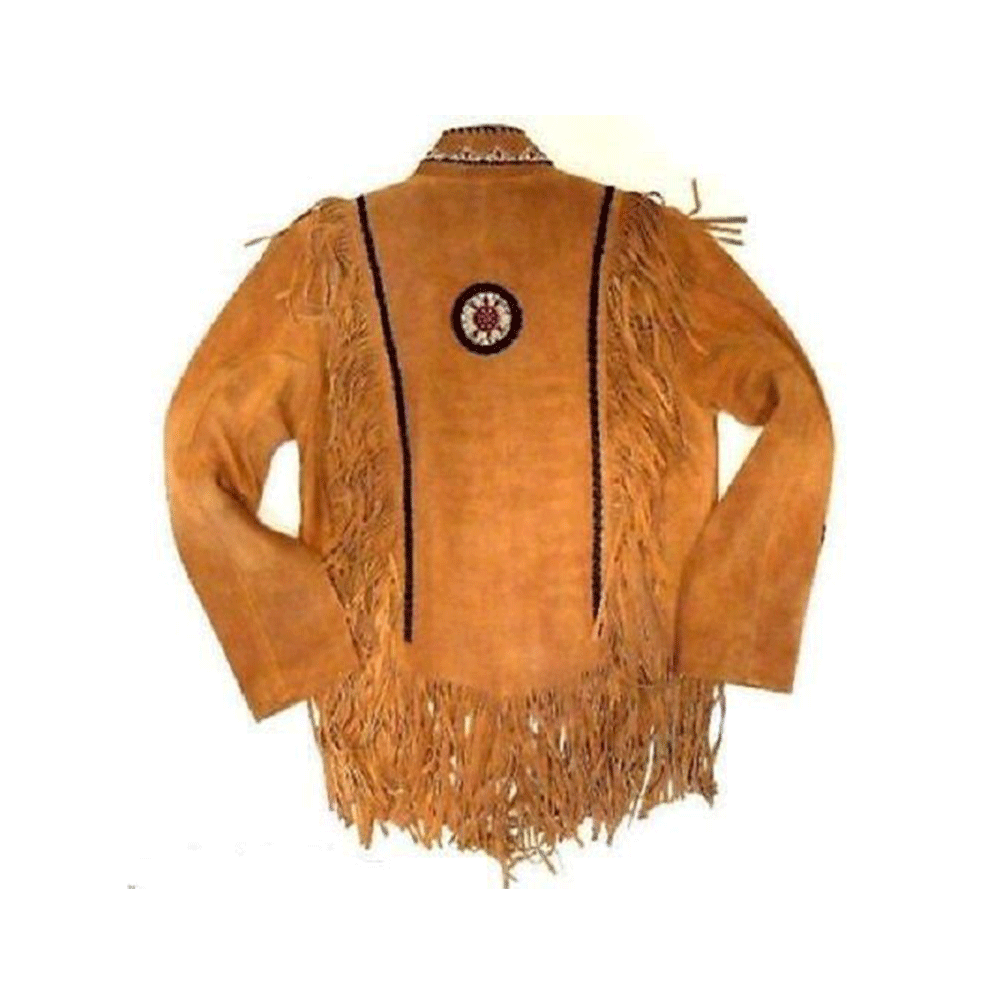 Brown Suede Leather Native Beaded Fringe Jacket for Mens NSJ401