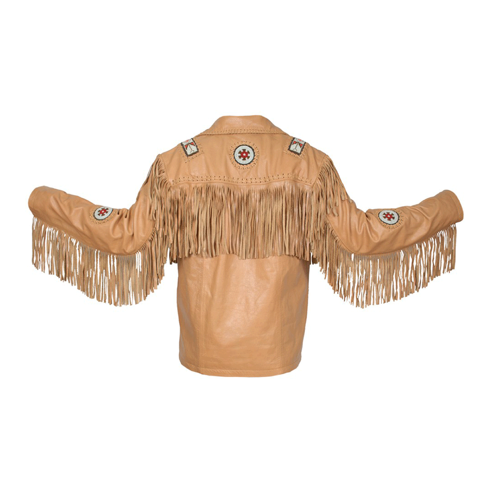 Brown Leather Native Beaded Fringe Jacket for Mens NSJ419