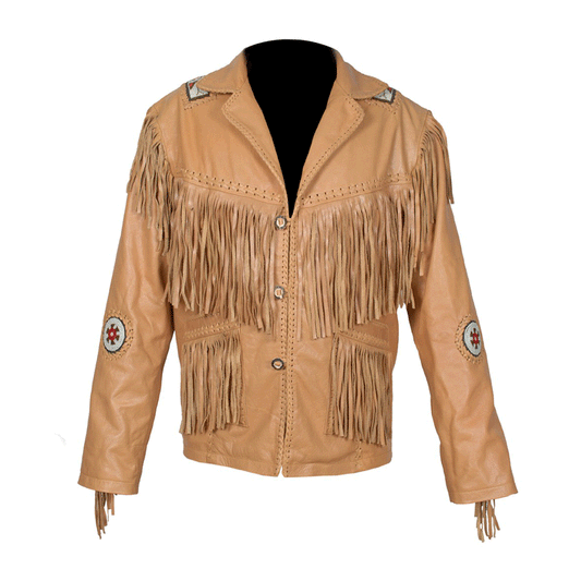 Brown Leather Native Beaded Fringe Jacket for Mens NSJ419