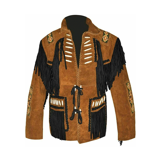 Brown Suede Leather Native Beaded Fringe Jacket for Mens NSJ402