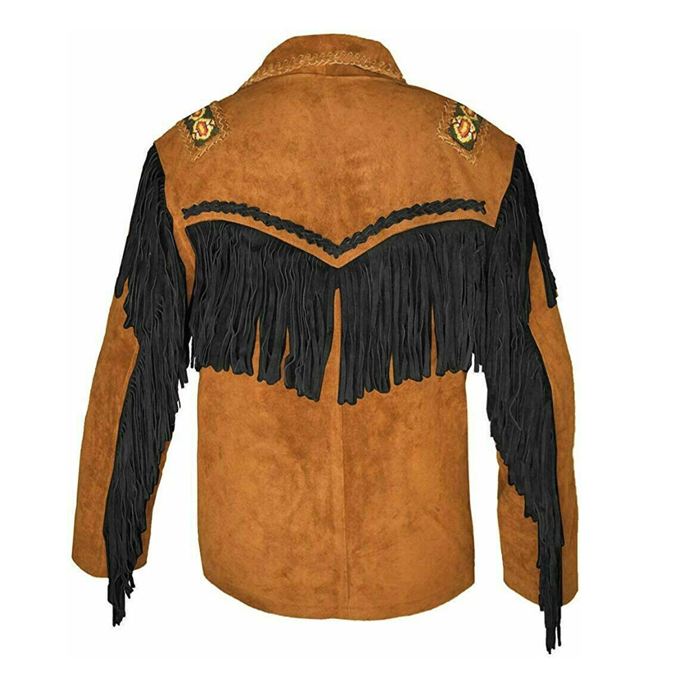 Brown Suede Leather Native Beaded Fringe Jacket for Mens NSJ402