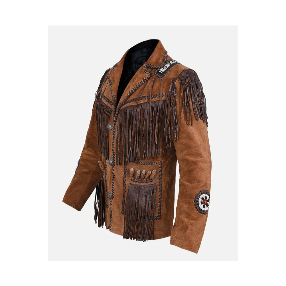 Brown Suede Leather Native Beaded Fringe Jacket for Mens NSJ403