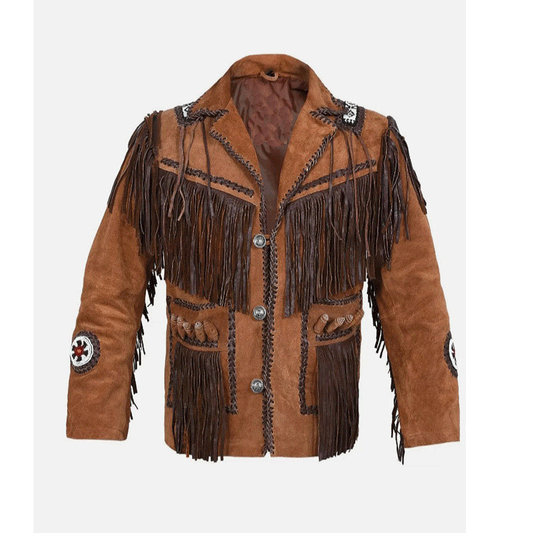 Brown Suede Leather Native Beaded Fringe Jacket for Mens NSJ403