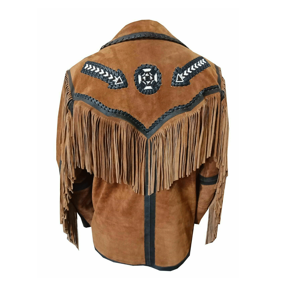 Brown Suede Leather Native Arrow Beaded Fringe Jacket for Mens NSJ404