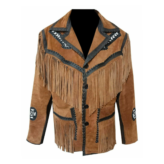 Brown Suede Leather Native Arrow Beaded Fringe Jacket for Mens NSJ404