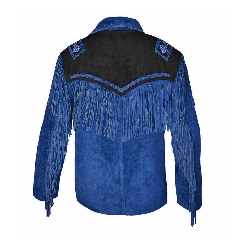 Blue Suede Leather Native Beaded Fringe Jacket for Mens NSJ503