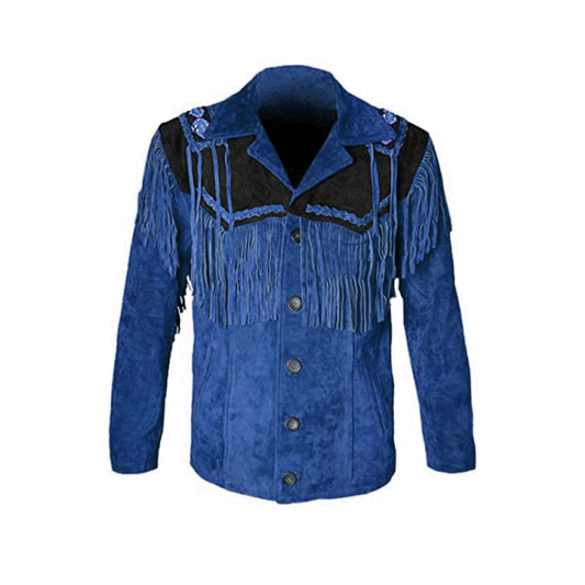 Blue Suede Leather Native Beaded Fringe Jacket for Mens NSJ503