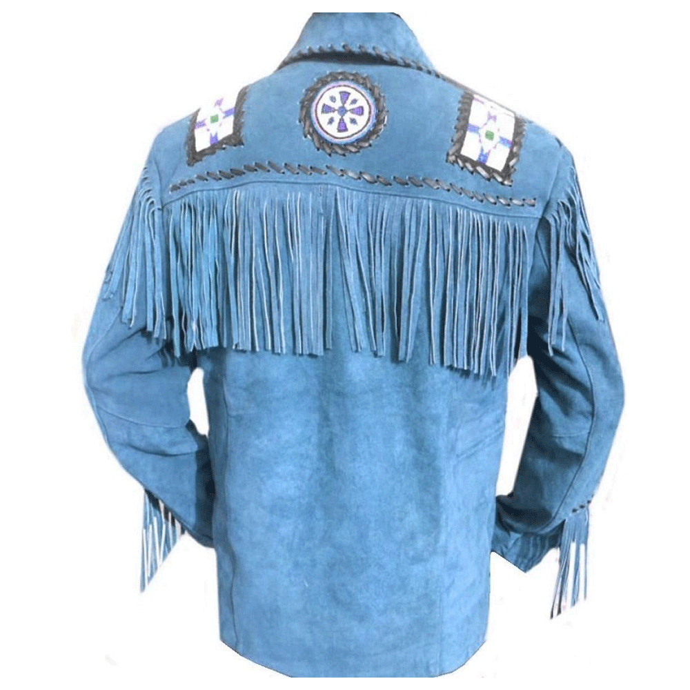 Blue Suede Leather Native Eagle Beaded Fringe Jacket for Mens NSJ504