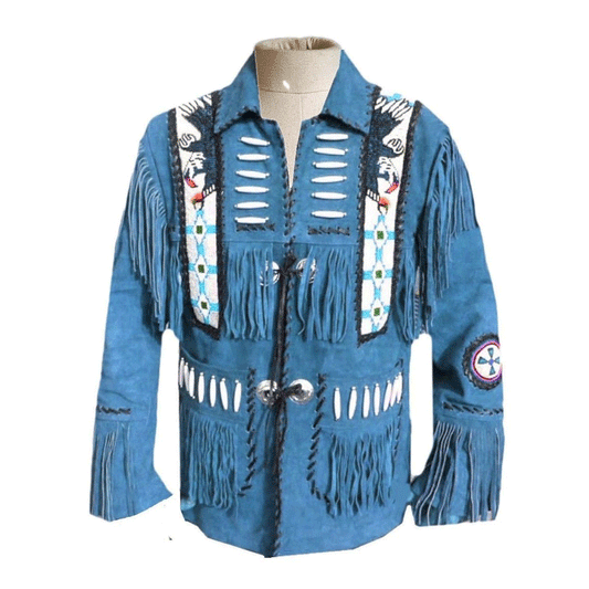 Blue Suede Leather Native Eagle Beaded Fringe Jacket for Mens NSJ504