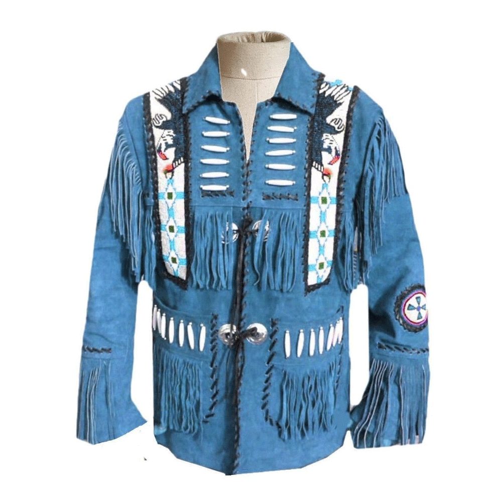 Blue Suede Leather Native Eagle Beaded Fringe Jacket for Mens NSJ504