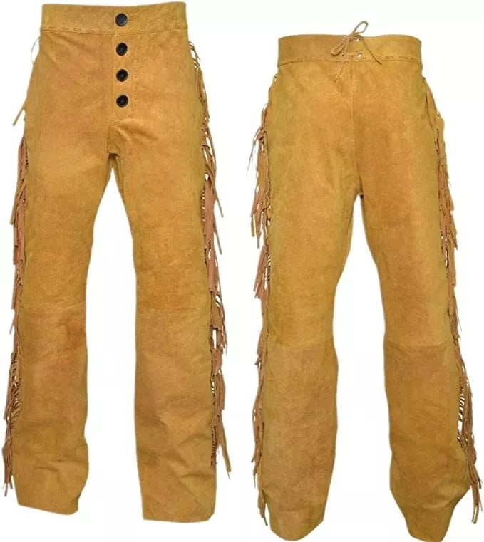 Cowboy Fringe Golden Brown Suede Leather Pants for Men NSP302