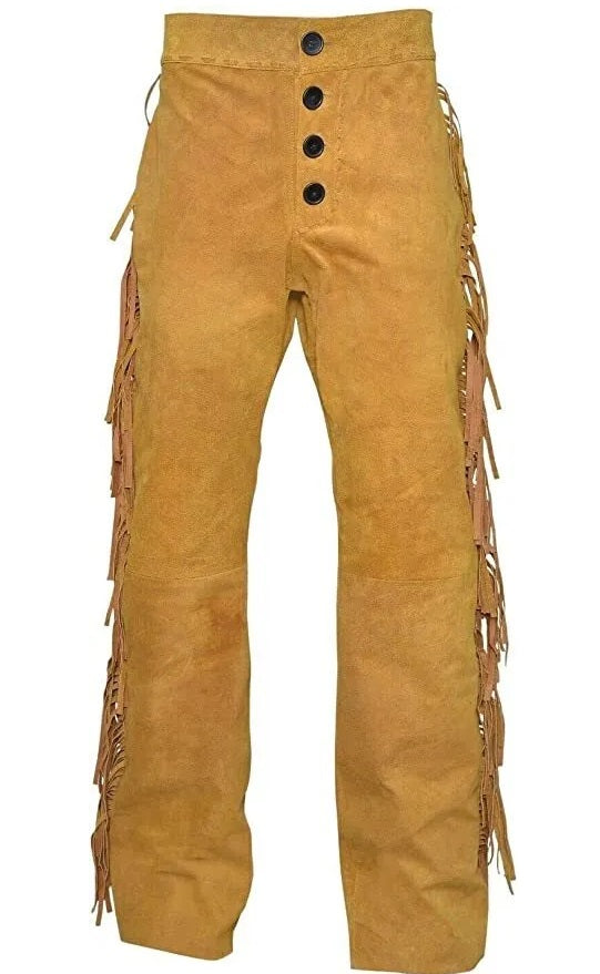 Cowboy Fringe Golden Brown Suede Leather Pants for Men NSP302