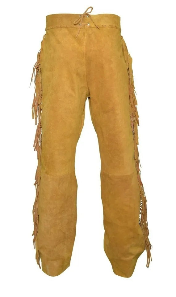Cowboy Fringe Golden Brown Suede Leather Pants for Men NSP302
