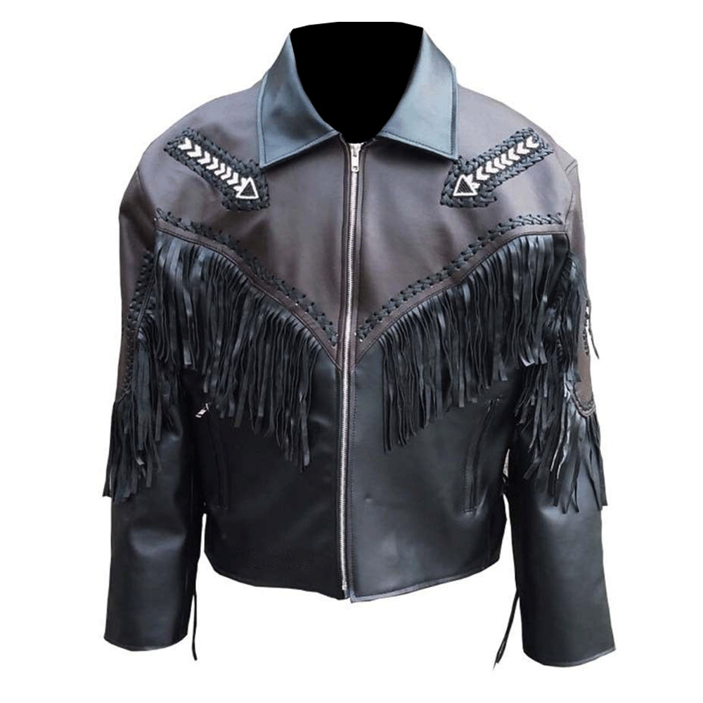 Black Leather Native Arrow Beaded Fringe Jacket for Cowboy Mens NSJ307