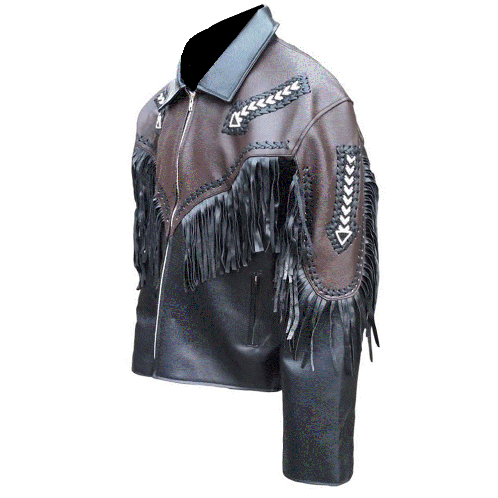 Black Leather Native Arrow Beaded Fringe Jacket for Cowboy Mens NSJ307