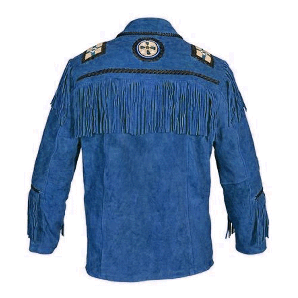 Blue Suede Leather Native Eagle Beaded Fringe Jacket for Mens NSJ505