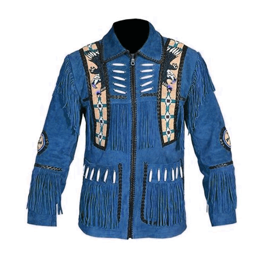 Blue Suede Leather Native Eagle Beaded Fringe Jacket for Mens NSJ505