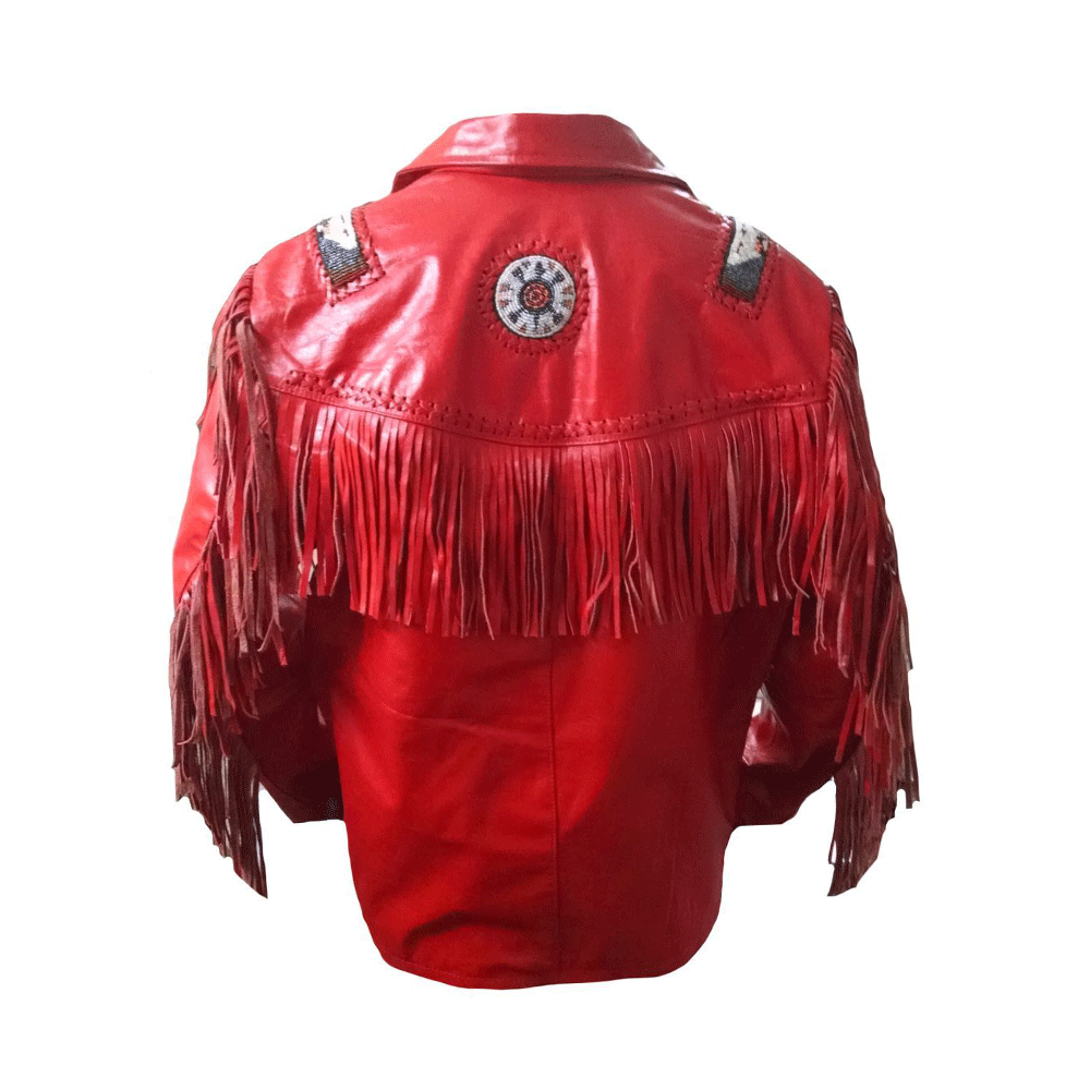 Red Leather Native Beaded Fringe Jacket for Mens NSJ626