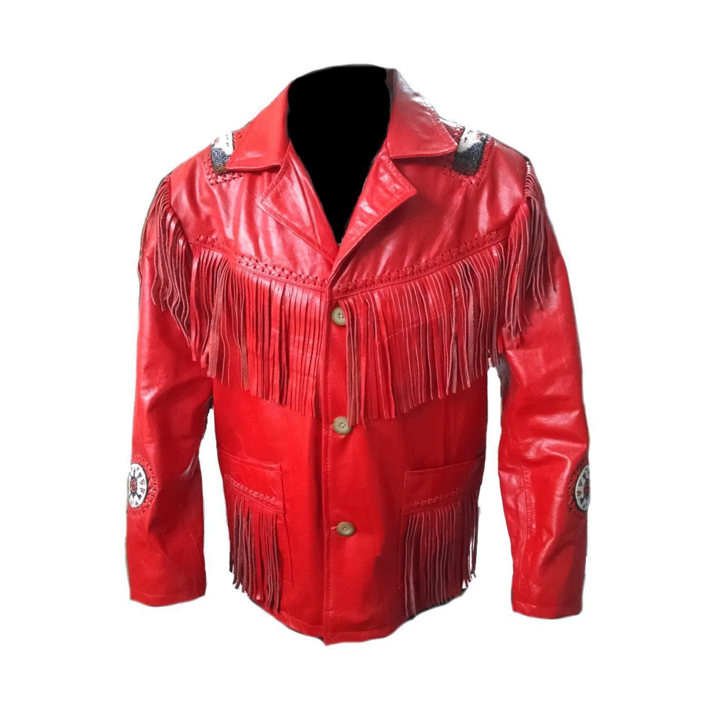 Red Leather Native Beaded Fringe Jacket for Mens NSJ626