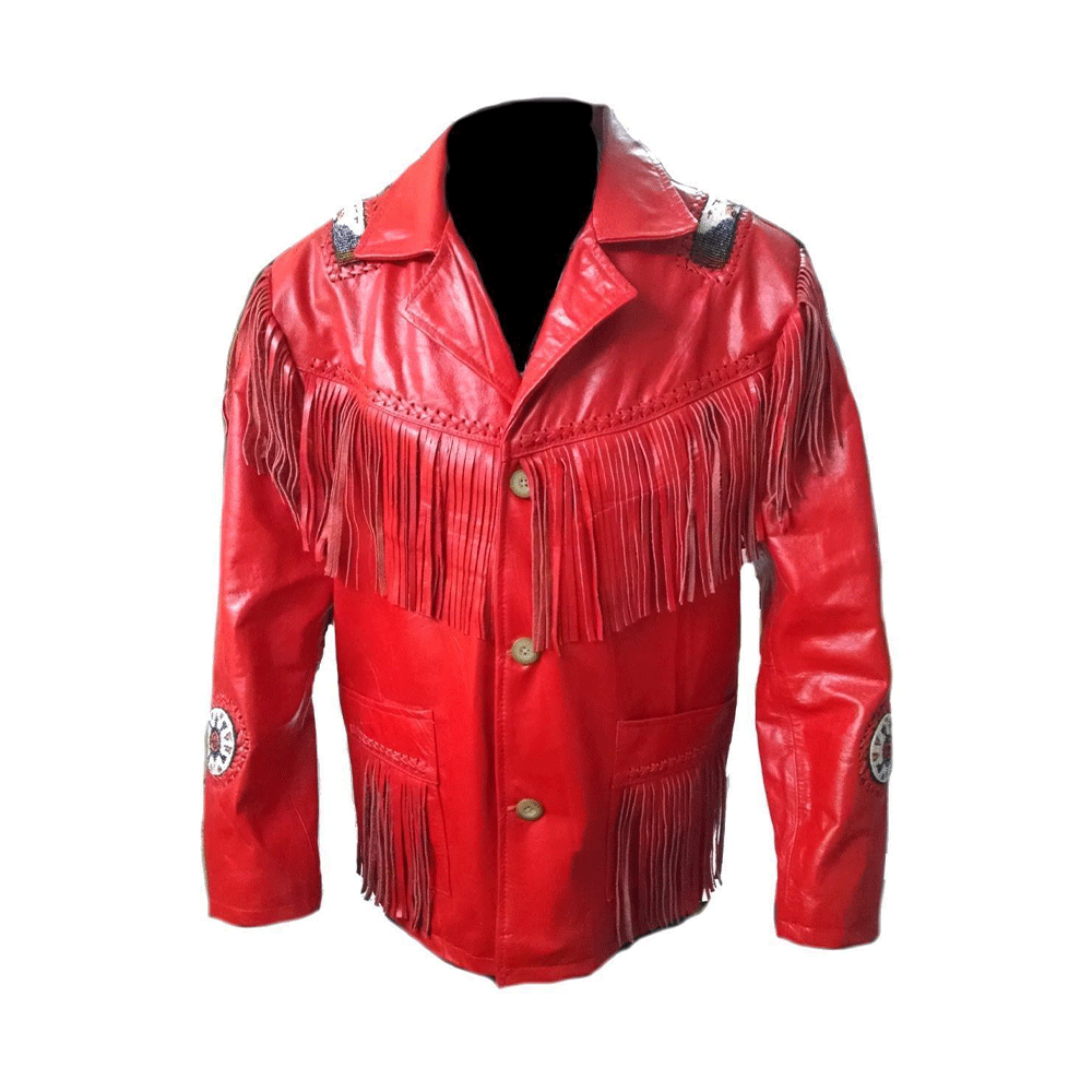 Red Leather Native Beaded Fringe Jacket for Mens NSJ626