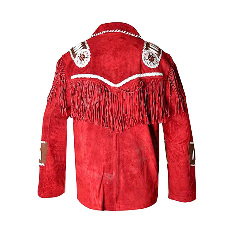 Red Suede Leather Native Beaded Fringe Jacket for Mens NSJ625