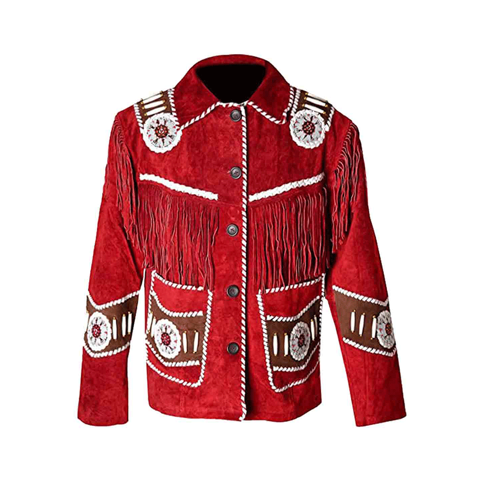 Red Suede Leather Native Beaded Fringe Jacket for Mens NSJ625