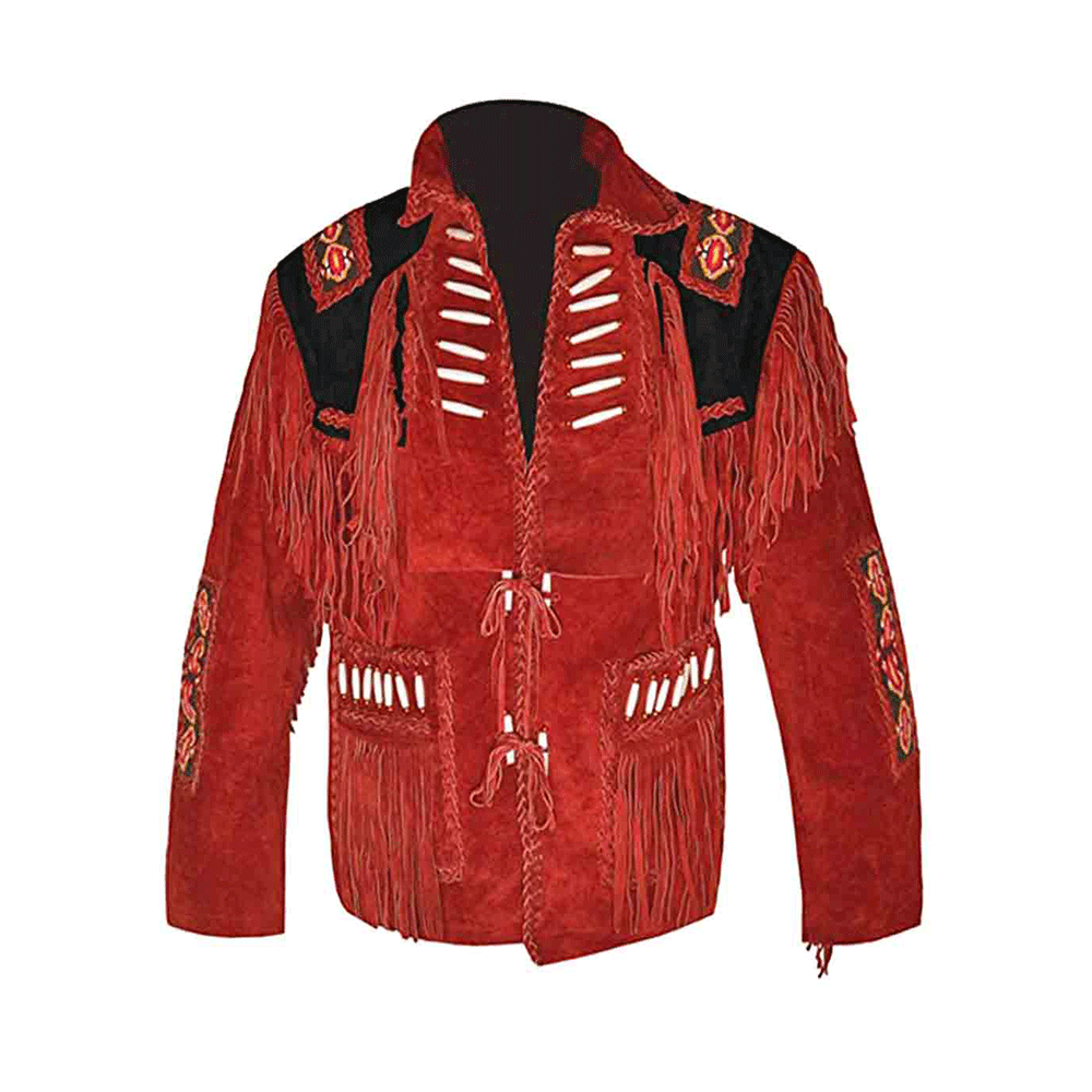 Red Suede Leather Native Bone Beaded Fringe Jacket for Mens NSJ630